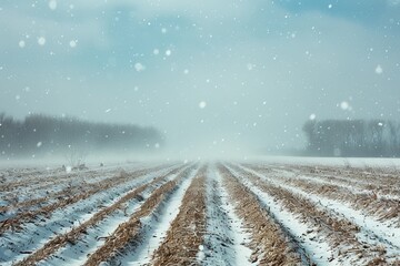 Field covered in snow with drifting snow Forest protection strip visible in distance Topic agriculture during winter