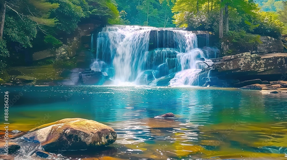 Poster tranquil waterfall cascading over rocks in a lush forest setting