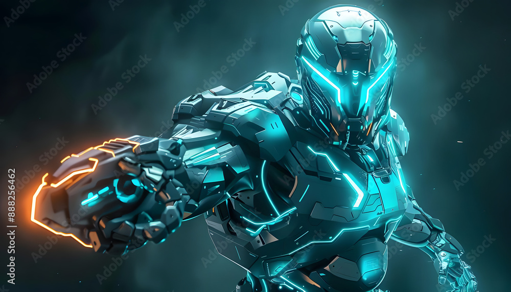 Wall mural Icon of a futuristic cybernetic warrior with glowing armor ready to engage in combat ar7 4 Generative AI