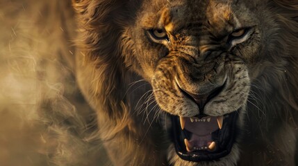 Close-up of roaring lion's face with detailed fur and intense eyes, emphasizing raw power and emotion, blurred background for impact.