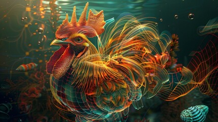 Fototapeta premium Digital art of majestic holographic Rooster in underwater city with glowing gold wireframe, seashells, coral reefs, mystical aura, detailed facial features