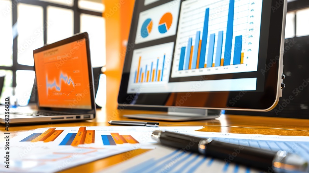 Poster modern office desk with laptop and desktop computer showing business data graphs