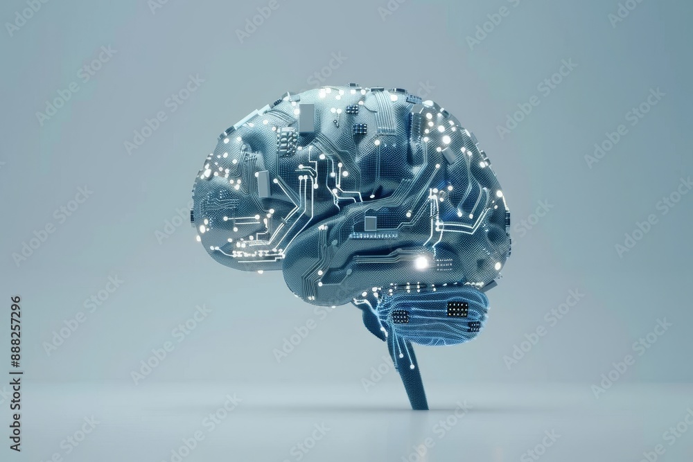Poster metallic brain with circuit-like patterns on a light blue background, symbolizing the blend of human