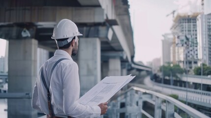 Engineer Inspecting Bridge with Blueprint. generative AI