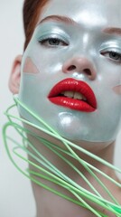 A striking image of a woman with a futuristic, metallic face mask and vibrant red lipstick.