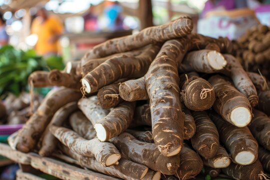 Fresh Cassava roots available at market