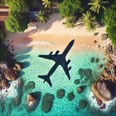 An aerial view of a tropical beach with clear turquoise water, large rocks, lush greenery, and the shadow of an airplane passing overhead