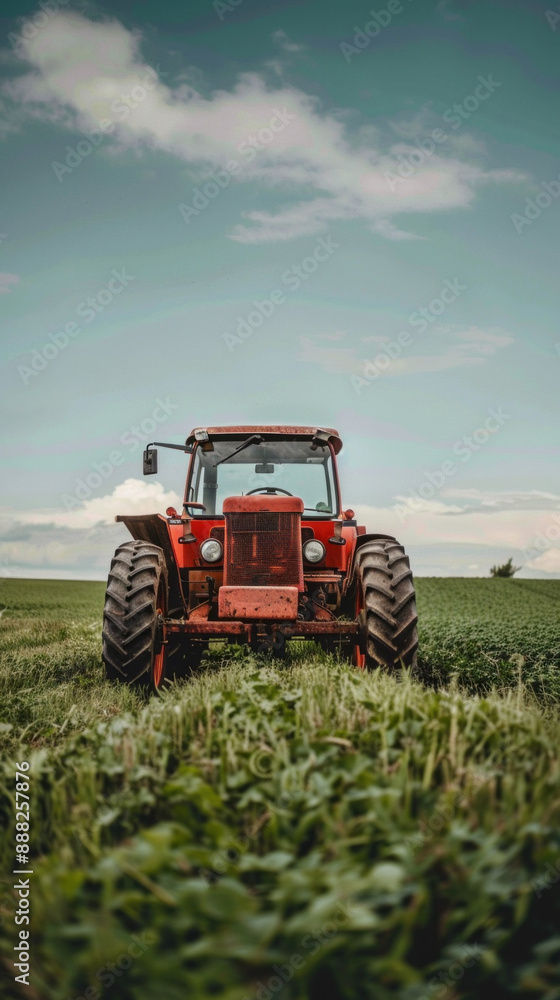 Poster a red tractor is in a field of grass