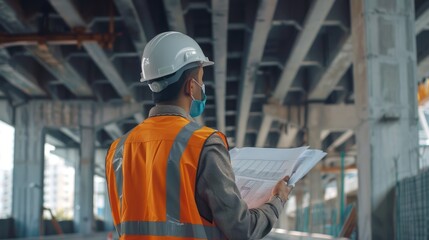 Engineer Inspecting Bridge with Blueprint. generative AI