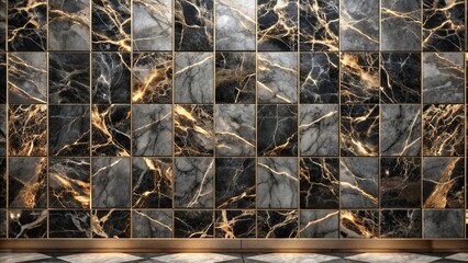Luxury Black and Gold Marble Wall, 3D Rendering, Interior Design, Wall Texture, Marble Wall, Gold Trim