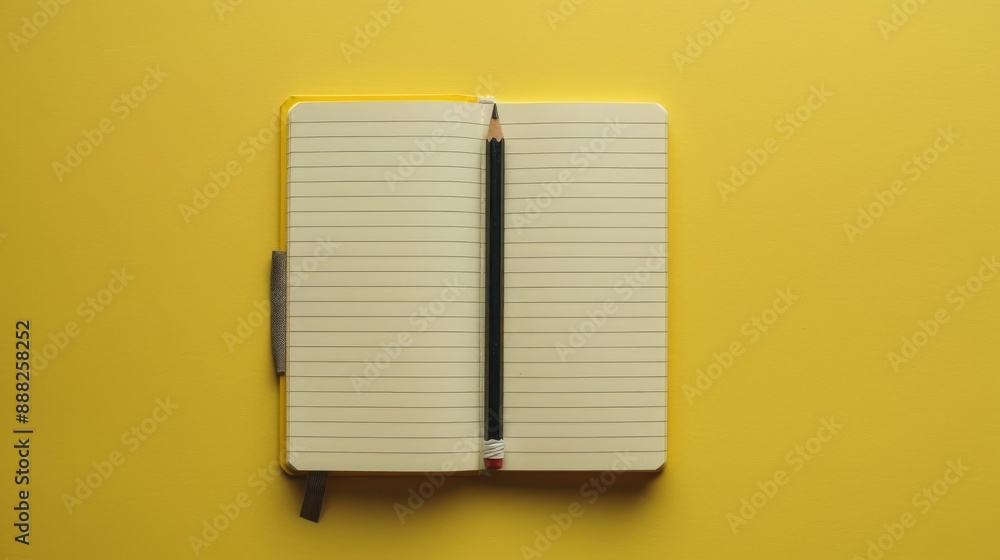 Poster notebook and pencil on yellow background for writing and creating ideas