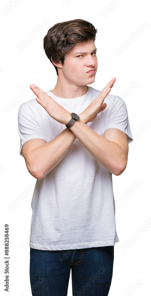 Sticker young handsome man wearing casual white t-shirt over isolated background rejection expression crossi