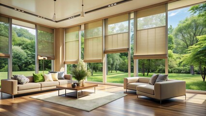 Naklejka premium Modern Living Room with Large Windows and Natural Light, Neutral Palette, Sofa, Coffee Table, Rug, Hardwood Floor, Blinds