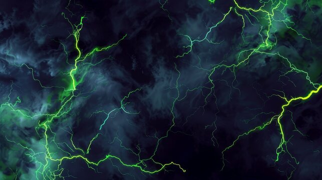 Dark stormy graphic novel background with neon green lightning.