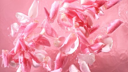 Falling Rose petal, isolated on pink background, selective focus.