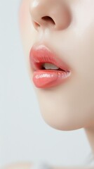 Obraz premium Fresh Korean woman's lower crown with light pink lips and lip gloss on white background, clear and innocent cosmetic ad image focusing on nose and mouth.