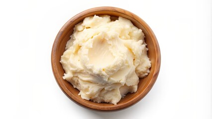 Overhead View of Mashed Potatoes in a Wooden Bowl, mashed potatoes, white background, food photography, side dish