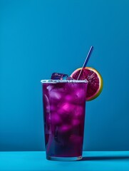 Dark Purple Summer Drink on a blue Background with Sunlight and Shadows