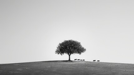 Fototapeta premium Minimalist desert tree with animals seeking shade, high contrast black and white, sunrise touch.