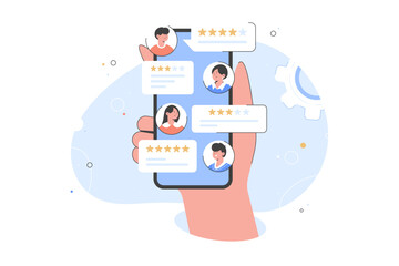 Hand holding mobile smart phone with review rating. Reviews stars with good and bad rate and text, concept of testimonials messages, notifications, feedback