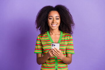 Photo of adorable lovely girl wear striped shirt chatting instagram twitter telegram facebook empty...