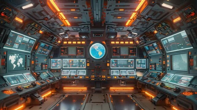 A futuristic control room filled with screens and technology, likely for managing a reusable rocket launch.