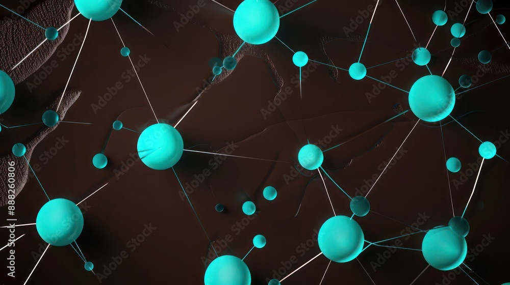 Poster vibrant teal dots linked by seafoam threads on a dark chocolate background, text space in the upper 