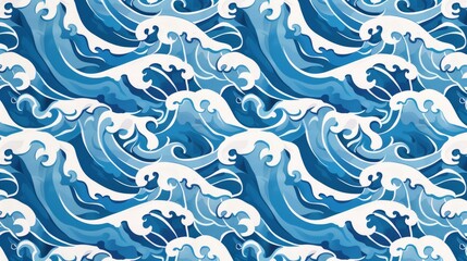Blue and white seamless wave pattern on flat background inspired by Japanese art.