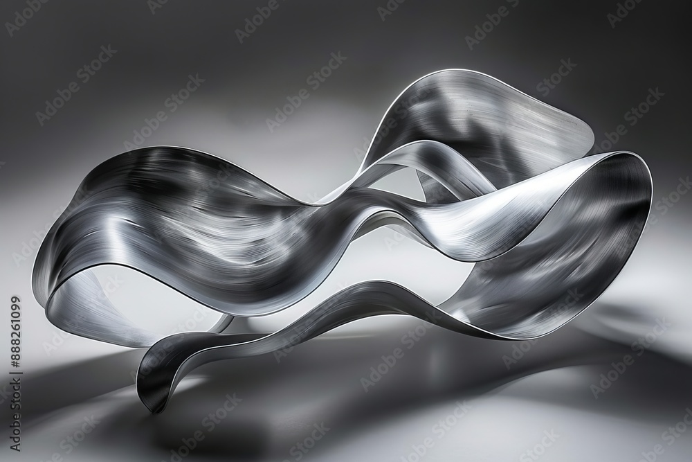 Poster reflective metallic ribbon-like structure, creating a sleek and futuristic look in a monochromatic, 