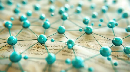 Teal blue dots linked by sea green threads on a warm ivory canvas, central text focus