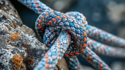Close-up of a mountaineering knot tied with rope, with details of the knot's structure and texture