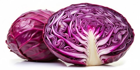 Fototapeta premium Red Cabbage Cut in Half, Close-up View, Isolated on White, Purple and White Layers, Fresh Vegetable, red cabbage, vegetable