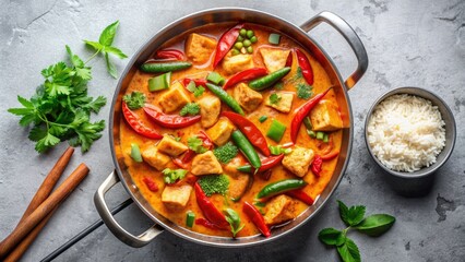 Red Curry with Tofu, Peppers, and Broccoli in a Pan, Top View, Vegetarian Cuisine, Thai Food , curry