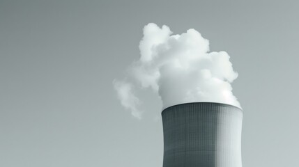 Towering thermal power plant chimney emitting steam against a clear sky,