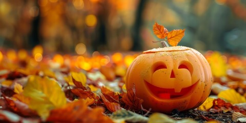 Naklejka premium Close up of Halloween pumpkins in the park covered in autumn yellow leaves.
