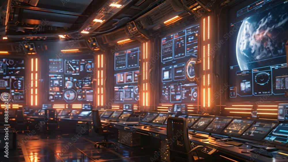 Poster a futuristic control room for a reusable rocket launch, featuring numerous screens displaying data a