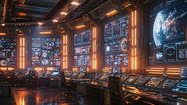 A futuristic control room for a reusable rocket launch, featuring numerous screens displaying data and a view of Earth.