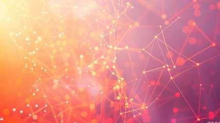 Obraz premium Sunset orange dots connected by red lines on a soft lilac background, text area in the bottom right