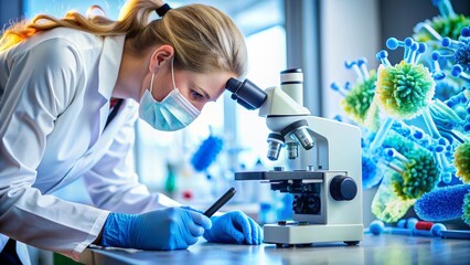 Scientist Examining a Virus Under a Microscope, Laboratory, Research, Medical, Science