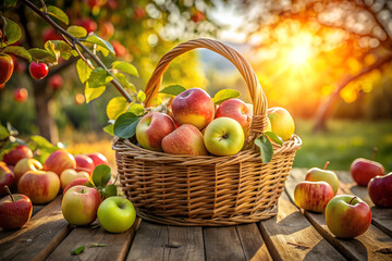 Rustic Basket of Fresh Apples on Wooden Table in Sunlit Orchard.