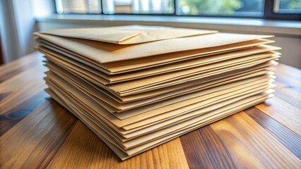 Obraz premium Stacked Brown Envelopes on Wooden Table, Envelope, Paper, Delivery, Mail