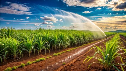 Sugarcane Field Irrigation Under Blue Sky, Agriculture , Irrigation , Farmland , Sugarcane