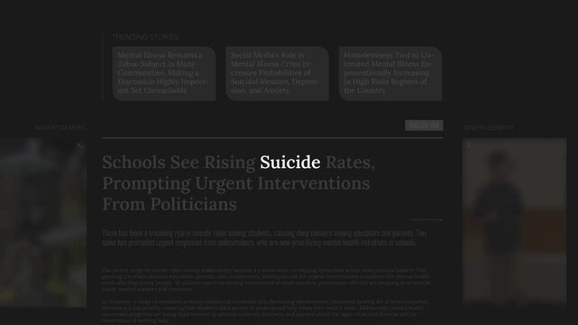 'Suicide' mention on headlines of fake online news publications (not AI generated)