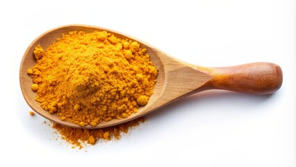 Top View of Turmeric Powder in Wooden Spoon, turmeric , spice , powder , indian