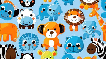 Colorful Cartoon Animal Pattern on Blue Background
