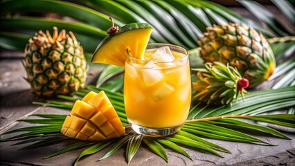 Tropical Paradise Mango Pineapple Cocktail with Palm Leaves and Ice, tropical drink, cocktail recipe, pineapple, mango
