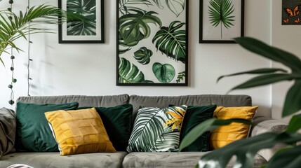 Modern Living Room Decor with Lush Greenery and Botanical Artwork