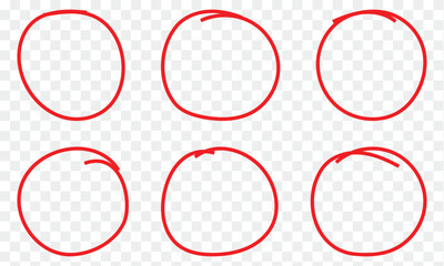 Hand-drawn red ovals and circles set. red scribble ovals and bubbles to circle and highlight text. circle markers or highlighter elements. Red circle pen draw.