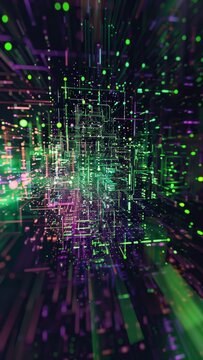 Dynamic Data Processing Illustrated: Abstract Julia Programming Language Concept with Green and Violet Data Bits