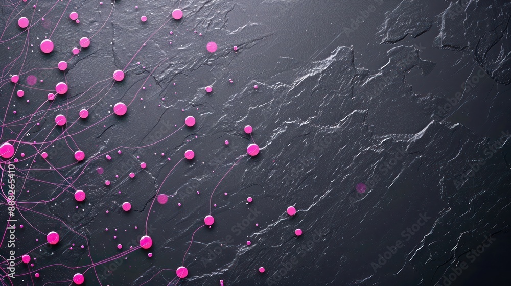 Aufkleber soft pink dots linked by fuchsia threads on a dark slate grey background, text area in the top left